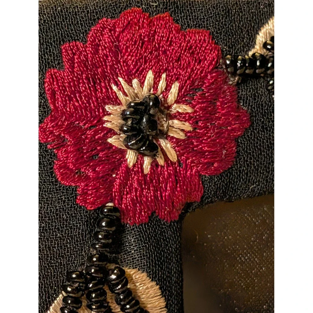 90s Beaded Floral Fabric Picture Frame 4x6 Black Red Embroidered Botanical India